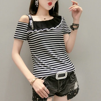 

2020 Summer Fashion Sexy Slash Neck Ruffles T-shirt Women Cotton Off Shoulder Tops Korean Clothes Shirt Ropa Mujer Tees T01001