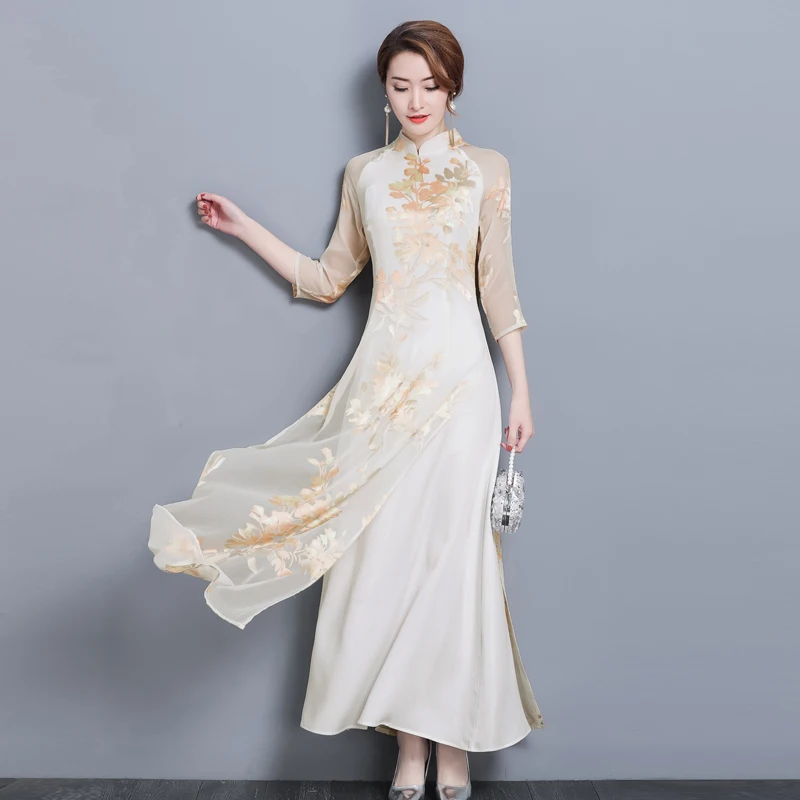 2 цвета вьетнамский Aodai традиционная одежда Ao Dai платья по колено Восточный Vietmam одежда Qipao платье для женщин