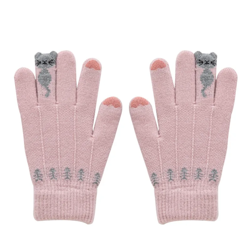 pink Теплые зимние вязаные перчатки на полный палец, варежки для женщин, милые Мультяшные Коты, сенсорные перчатки для экрана - Цвет: pink