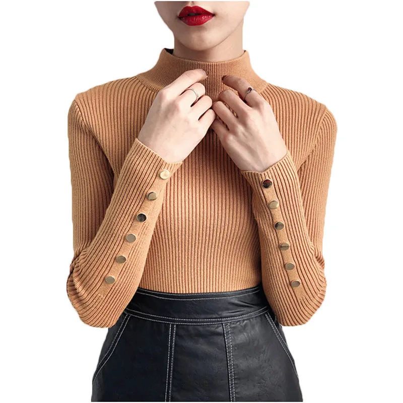 2021 Fashion Women Autumn Winter Sweaters Half Turtleneck Knitted Tops Metal button Slim Solid Color Pullover Sweater A929 | Женская