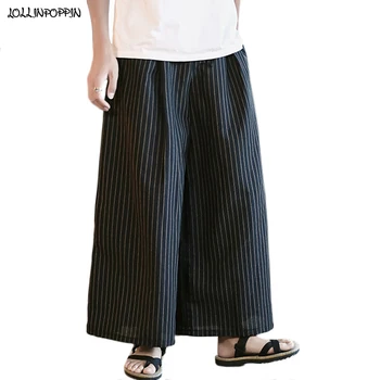 

Men Stripe Wide Leg Linen Pants Drawstring Waist Japan Style Mens Cotton & Linen Blended Loose Trousers Man Baggy Pants