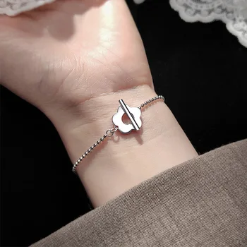 

925 Sterling Silver Beads Chain Bracelet Women OT Buckle Five Petals Flower Bracelets & Bangles Girl Simple Jewelry Accessories
