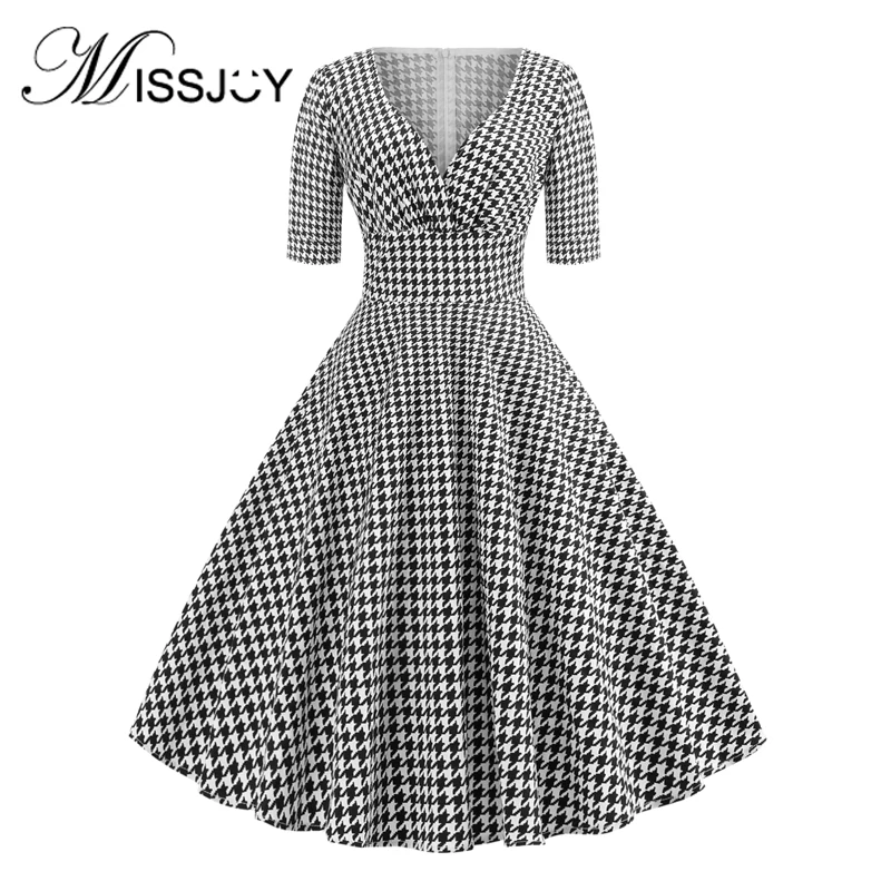 MISSJOY, винтажные женские платья, с принтом, для офиса, для работы, ТРАПЕЦИЕВИДНОЕ, с высокой талией,, Осенние, до колена, повседневные, вечерние, с рисунком, с v-образным вырезом, для женщин