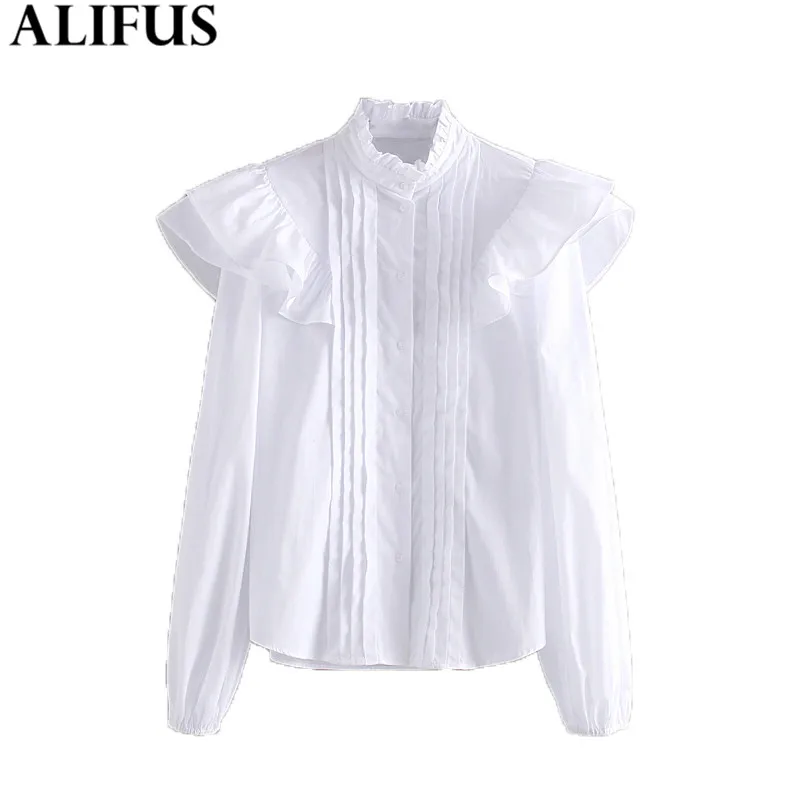  Fashion Za Women Shirt 2019 Casual Solid Ruffles Poplin Stand Collar Shirts Blouses Elegant Ladies 