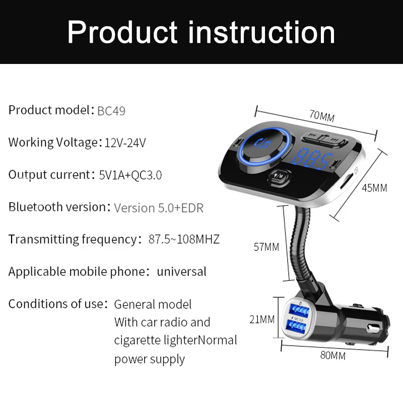 Автомобильное зарядное устройство Quick Charge 3,0 для телефона, fm-передатчик, Bluetooth 5,0, автомобильный комплект, автомобильное зарядное устройство для телефона для Xiaomi, samsung, iPhone, зарядка