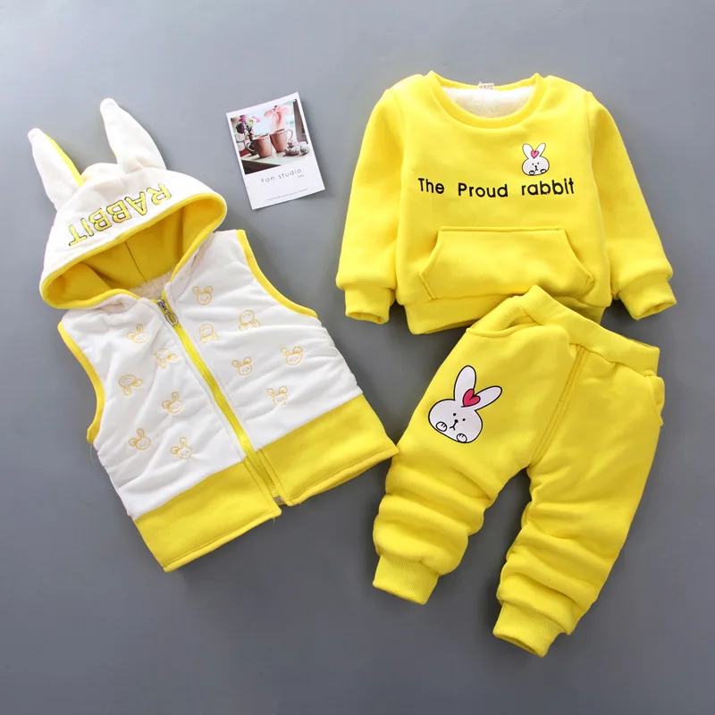 

Baby Girl Winter Clothes Cartoon Rabbits Cashmere Warm Cardigan Hooded Waistcoat + Hoodies + Pants 3PCS Kids Bebes Jogging Suits