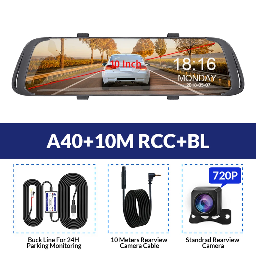 E-ACE 10 дюймов Автомобильный видеорегистратор авто Камера потоковый медиа-Зеркало заднего вида сенсорный видео Регистраторы 2K Dash cam с 1080P зеркало заднего вида Камера dvr' ы - Название цвета: A40-10M RCC-BL
