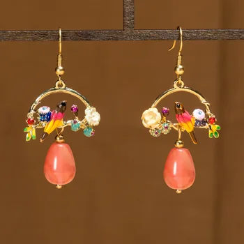 

Nature Stones Court Retro chalcedony Earrings Chinese Style Ancient Charm Original cloisonne Earrings National Jewelry No.1282