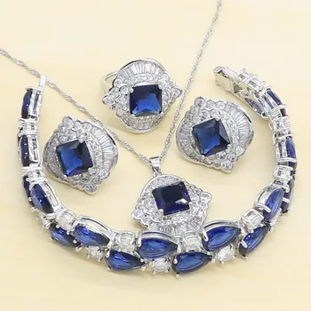 

Bride 925 Silver Jewelry Sets For Women Royal Blue Semi-precious Stones Ring Earrings Necklace Bracelet Wedding Jewelry