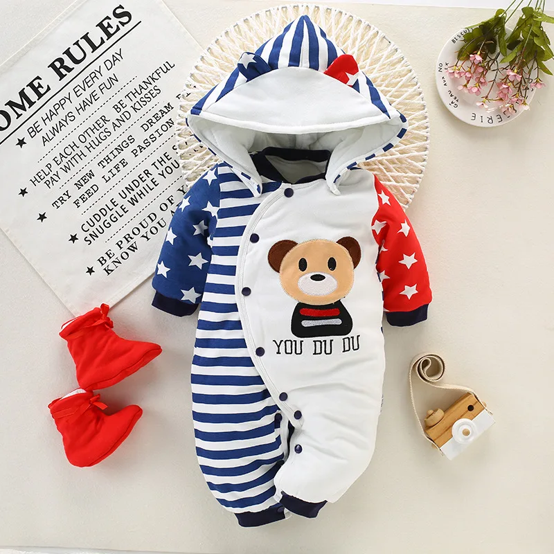 

2018 New Style Hooded Romper Thick Cartoon BABY'S Romper Infant Jumpsuit out Clothes Autumn And Winter Thick