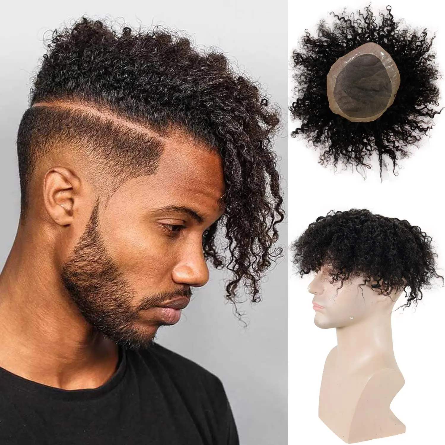 Kinky Curly Men's Toupee for Black Man 100%Human Hair Mono Lace Replacement African American Wig 10x8inch 1B black Remy Hair