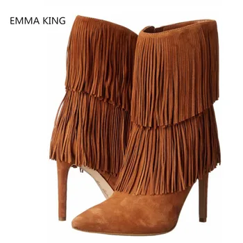 

Hot Suede Fringe Design Mid-Calf Short Boots Women Brown /Black Pointed Toe Side Zipper Stiletto High Heels Ladies Party Shoes