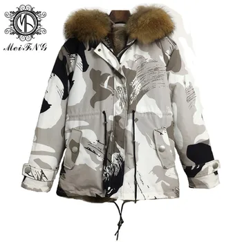 

Camouflage short parka faux fur lining 2019 new style coat winter warm real raccoon fur collar Women's casual