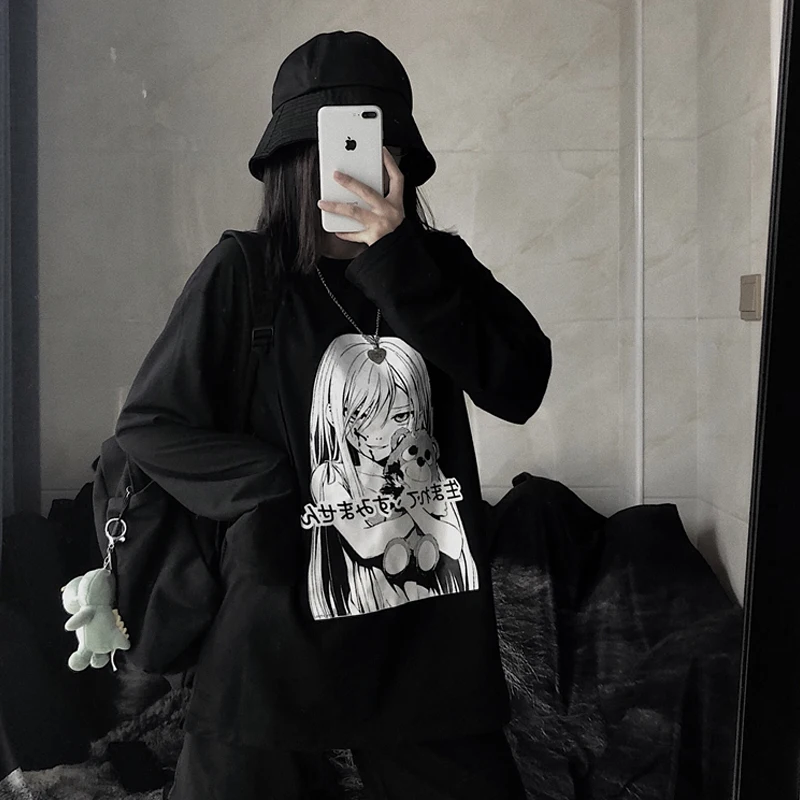 Корейский Ulzzang женские Топы Harajuku уличная одежда с длинным рукавом Графические футболки для девочек Kpop женская Япония каваи комический принт Черная футболка