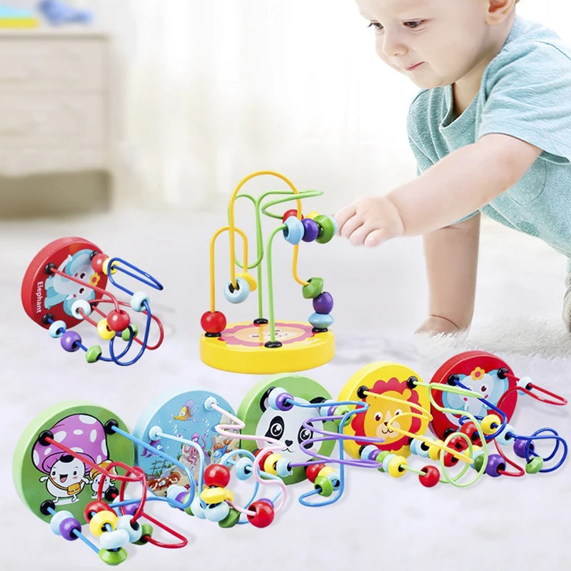 

Baby Montessori Cartoon Wooden Toys Circles Bead Wire Maze Roller Coaster Educational Wood Puzzles Toy For Children