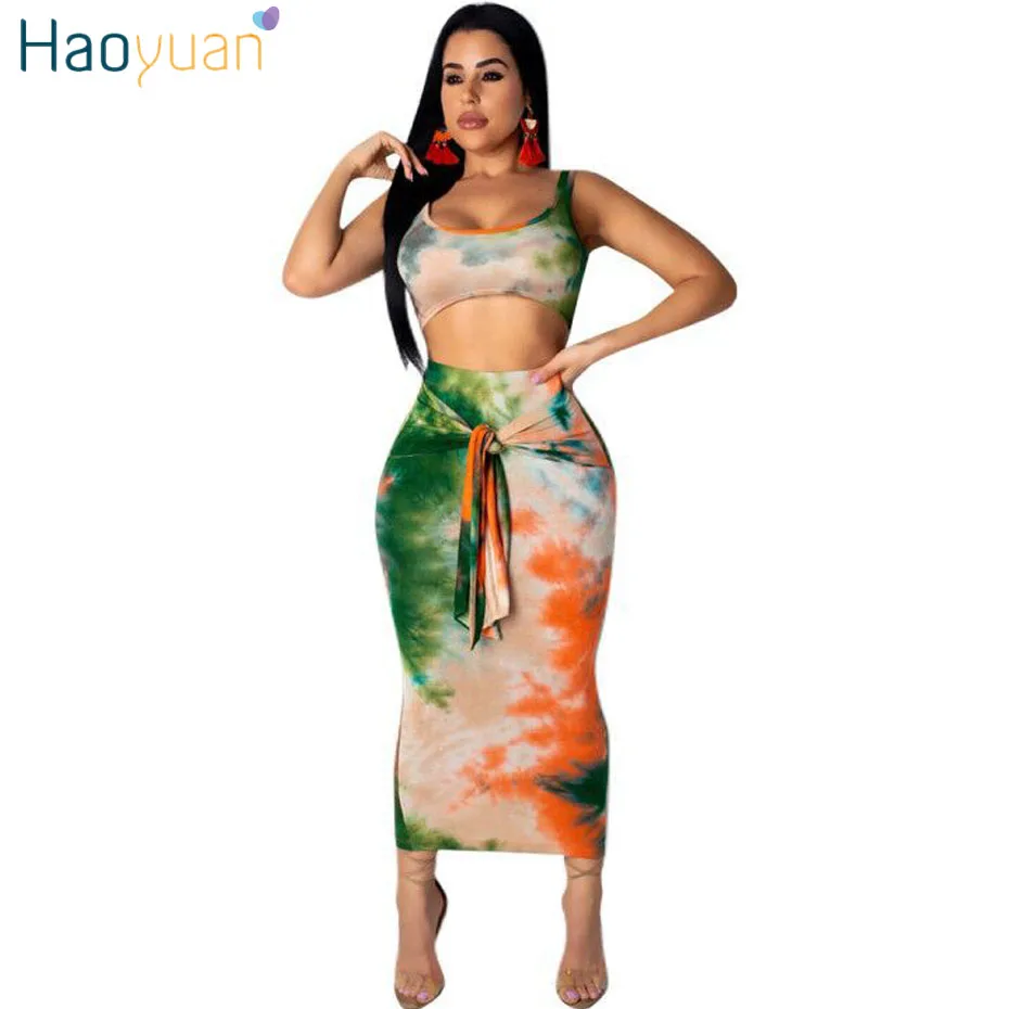 En Ligne HAOYUAN Sexy deux pièces ensemble Club tenues cravate teinture haut court et Midi jupe moulante automne Festival vêtements femmes 2 pièces correspondant ensemble
