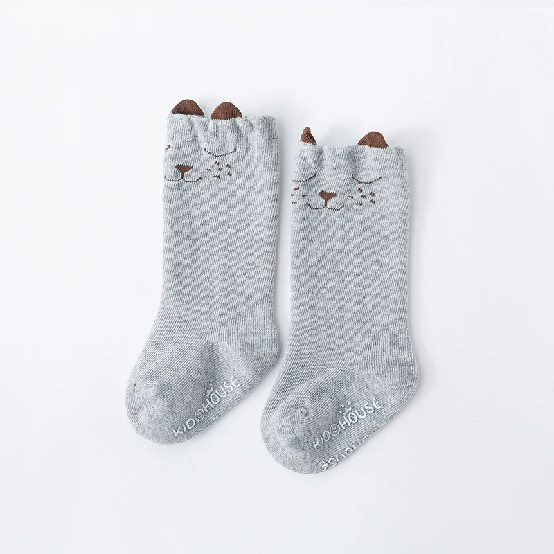 Dark Gray Весенние хлопковые детские носки с мультяшными ушками нескользящие носки-тапочки гольфы для малышей теплые длинные носки для малышей - Цвет: Dark Gray