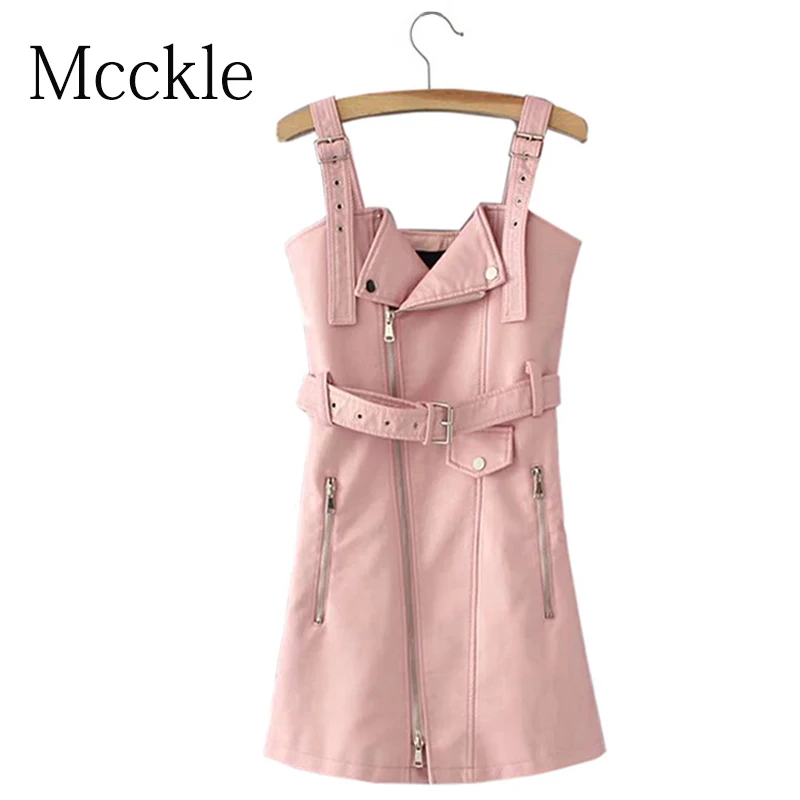 Mini Dress Women Faux PU Leather Autumn Belt Multy Zipper V-Neck Sexy Dresses Female 2020 Spring Sleeveless Sexy Pink Dress Lady