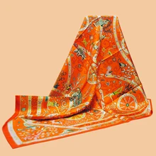 HuaJun 2 магазин | Оранжевый классический шарф 90 Шелковый квадратный саржевый шарф с принтом ручной завитки