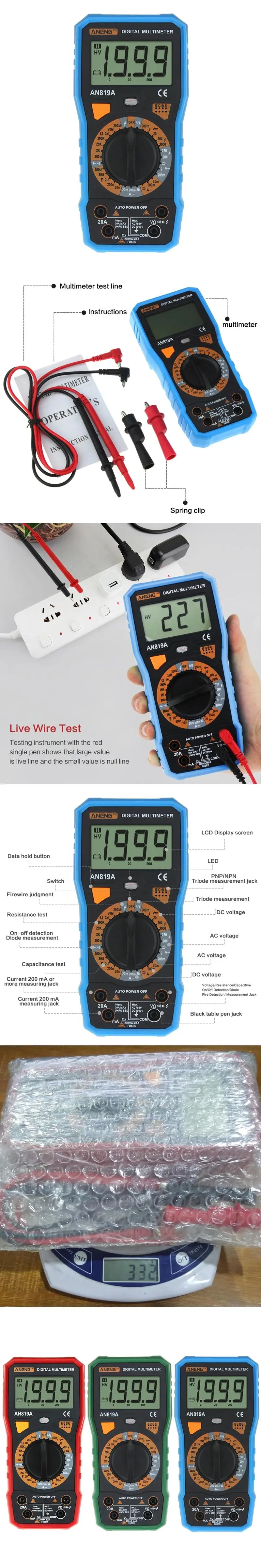 ANENG AN819A ЖК-цифровой мультиметр DC/AC Напряжение Ток Триод тестер метр