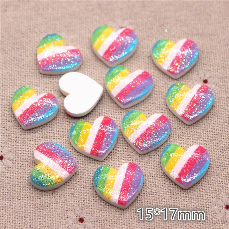 

20pcs 15*17mm Glitter Resin Rainbow Printed Heart Flatback Cabochon DIY Hair Clip/Craft Decoration