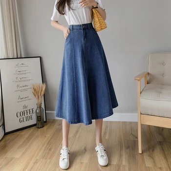 

2020 Vintage Long Jeans Skirts For Women Retro Solid High Waist Denim Skirt Pocket A-Line Jupe Femme Split Big Swing Maxi Skirt