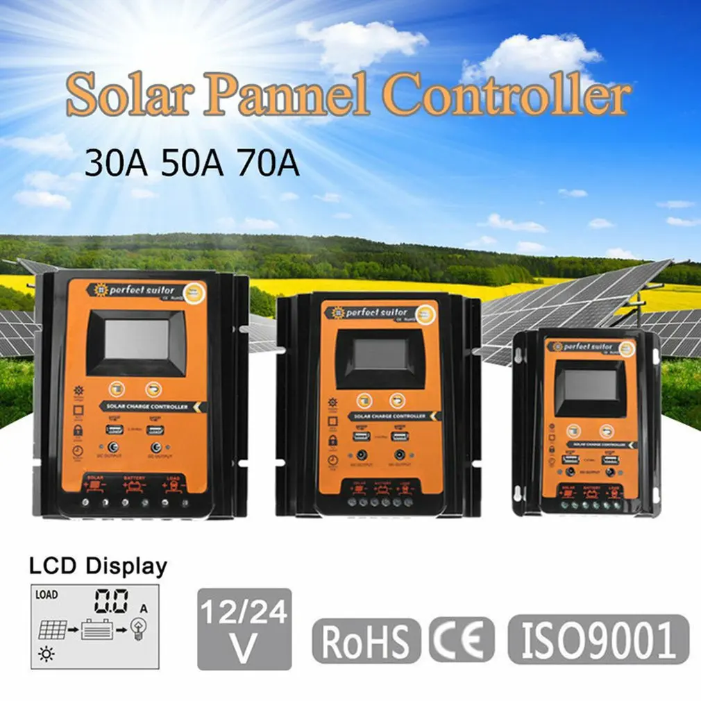 Двойной солнечные панели из кремня Батарея контроллер 30A 50A 70A 12/24V ЖК-дисплей Экран Дисплей Панели солнечные Батарея регулятор заряда