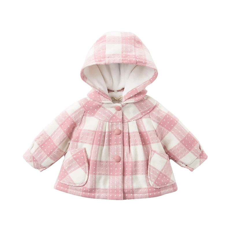 pink white plaid DBZ11943 dave bella/осенне-зимнее милое клетчатое пальто со съемным капюшоном для маленьких девочек детские топы, модная верхняя одежда для малышей - Цвет: pink white plaid