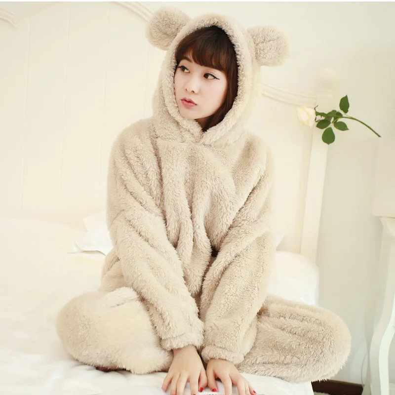 Beige Плотные теплые штаны, одежда для сна, Зимняя женская одежда для сна, женские пижамные комплекты с капюшоном и длинным рукавом, свободные Мультяшные животные - Цвет: Beige