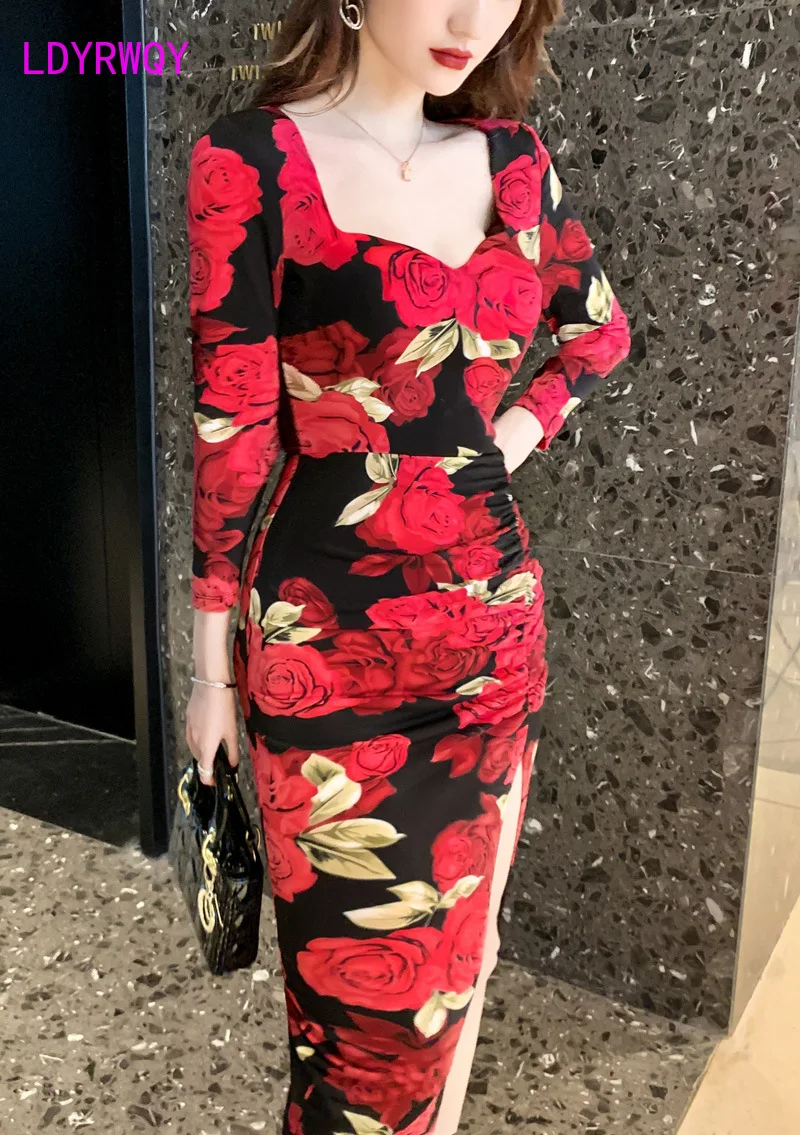 

2021 Spring and Autumn Dress New Thai Design Folding Old Print F Open Fork Dress Polyester Office Lady Sheath