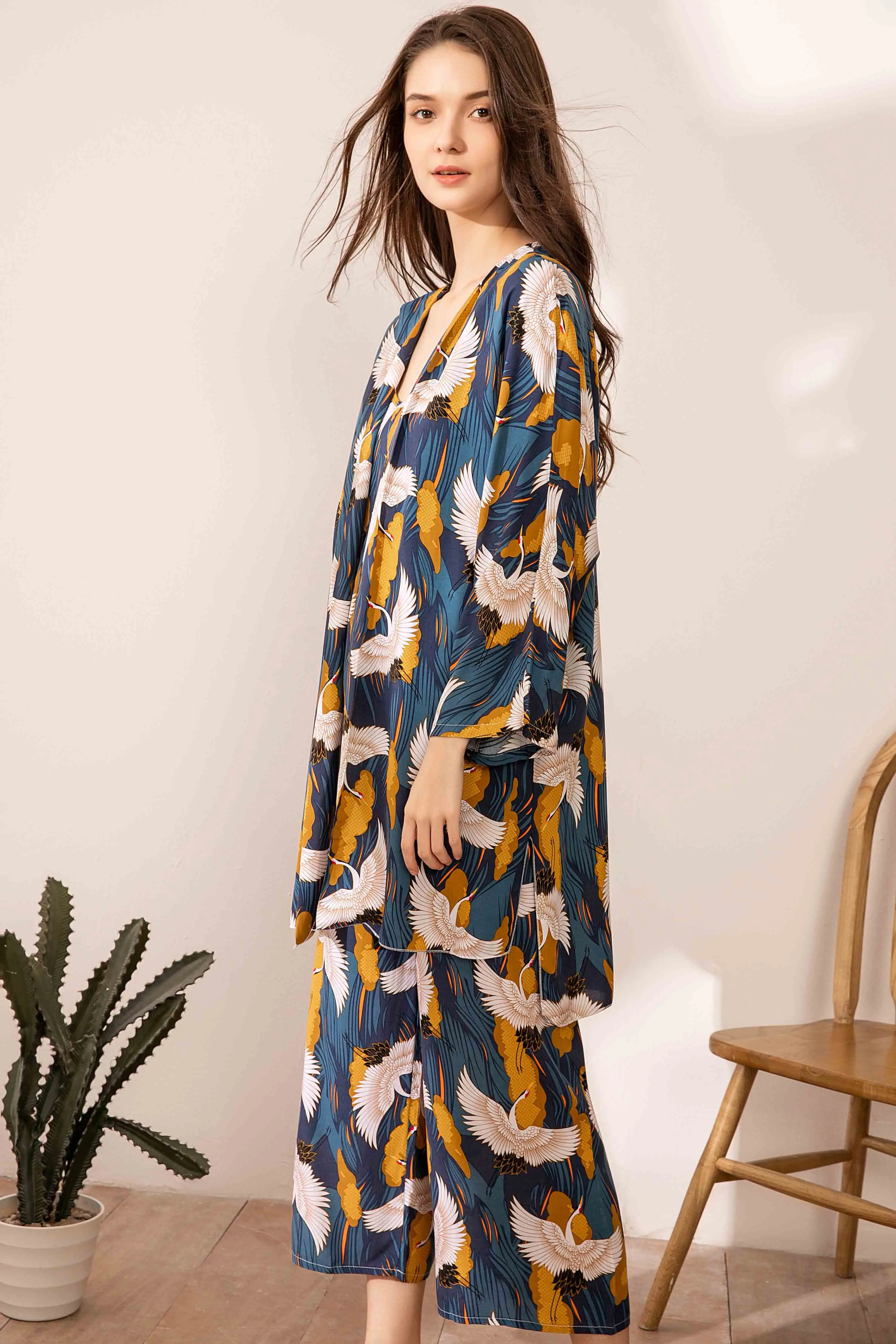 Весна и осень, женский пижамный комплект, комфортный, свободный, большой размер, женская одежда для сна с принтом Журавля, элегантная женская домашняя одежда из 3 предметов - Color: shown as picture