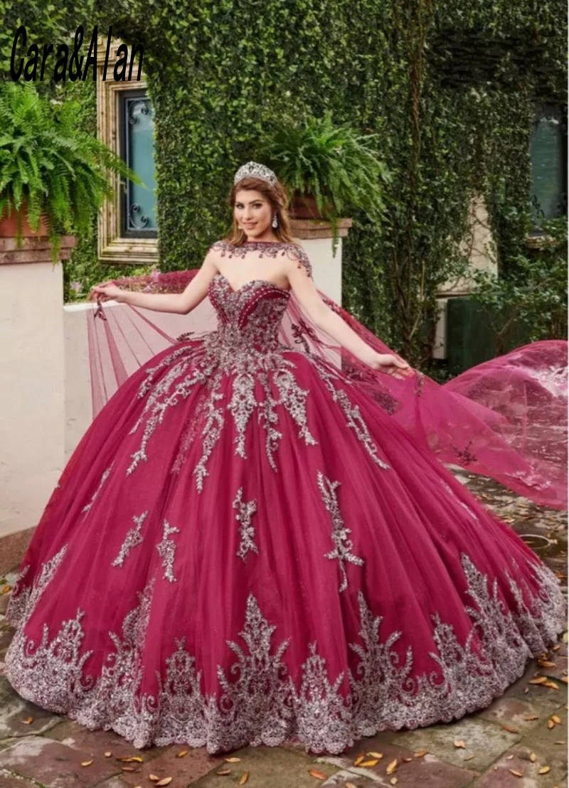 Cara & Alan vestidos de princesa de 15 años, ropa de roja con Aplique de encaje, con capa, dulce 16, largo de Graduación|Vestidos de quinceañera| - AliExpress