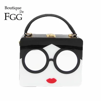 

Boutique De FGG "Ladies with Glasses" Acrylic Box Clutch Women Totes Handbag Fashion Party Hard Case Shoulder Bags Crossobdy Bag