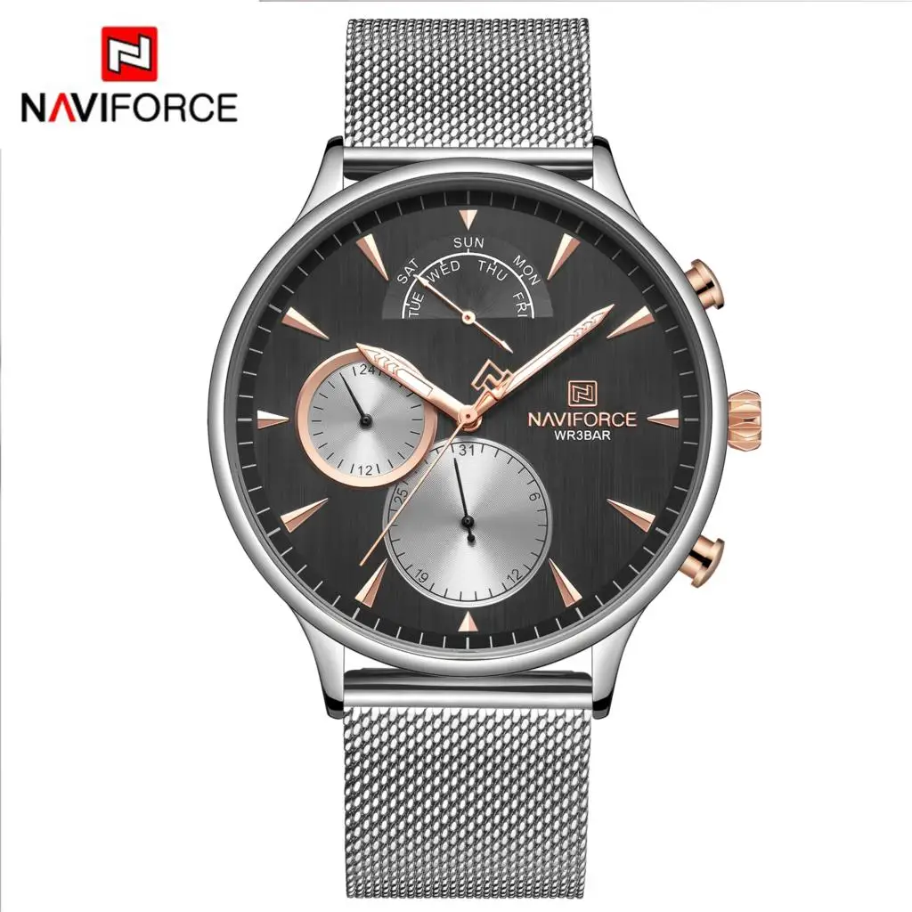 NAVIFORCE часы мужские s часы лучший бренд роскошные часы мужские повседневные сетчатые стальные 3ATM водонепроницаемые спортивные часы Relogio Masculino - Цвет: Silver Black
