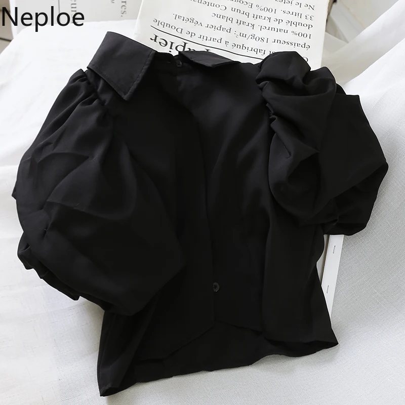 Neploe, Элегантная короткая блуза в стиле Корта, осенняя, весенняя, праздничная, Пляжная, зеленая, Blusas, отложной воротник, пышная, длинный рукав, рубашка, 48637