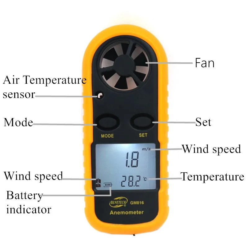 GM816 переносной Анемометр Anemometro термометр измеритель скорости ветра Измеритель ветра 30 м/с ЖК-цифровой Ручной инструмент 40% скидка