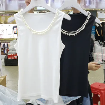 

2020 Spring and Summer New Pearl Collar Bottoming Tshirt Sleeveless Vest T-Shirt Women's All-match Tanks Tops Girls Camisoles
