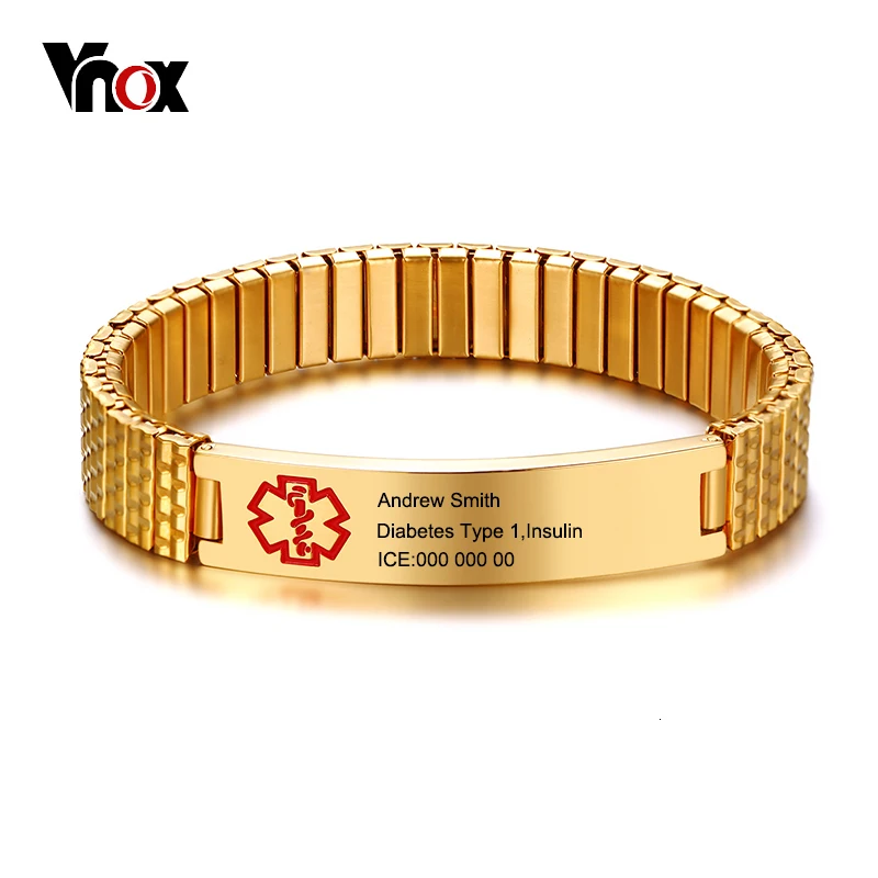 Vnox Elastic Chain Free Engraving Medical Alert ID Bracelet for Women Men Stainless Steel Emergency Personalize Unisex Jewelry