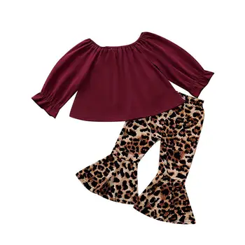 

Toddler Baby Girls Solid Long Sleeve Tops T-shirt+Leopard Print Flare Pants Outfits Sets Clothes Kids Autumn Suit