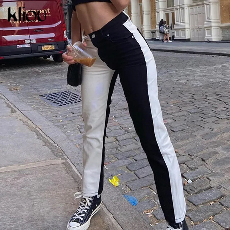 Kliou-pantalones vaqueros de retazos para mujer, franjas de diferente Color, de cintura alta activa, a la moda ropa de calle, con bolsillos