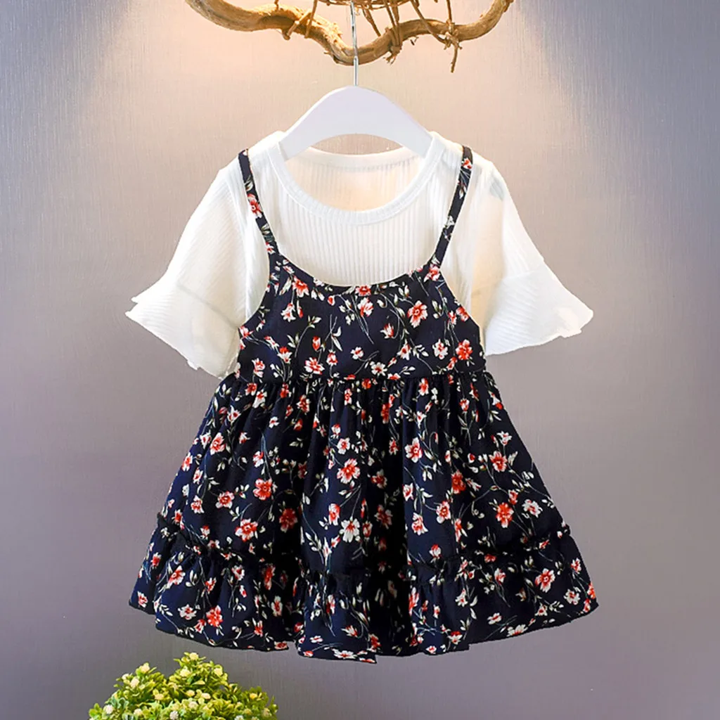 Модное платье для маленьких девочек; хлопковое платье принцессы с круглым вырезом и рюшами для маленьких девочек; повседневная одежда; H4