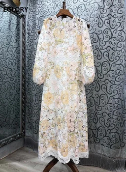 

Top Quality New 2020 Autumn Long Dress Women Sweet Color Block Lace Embroidery Flower Patterns Long Sleeve Lace Long Maxi Dress