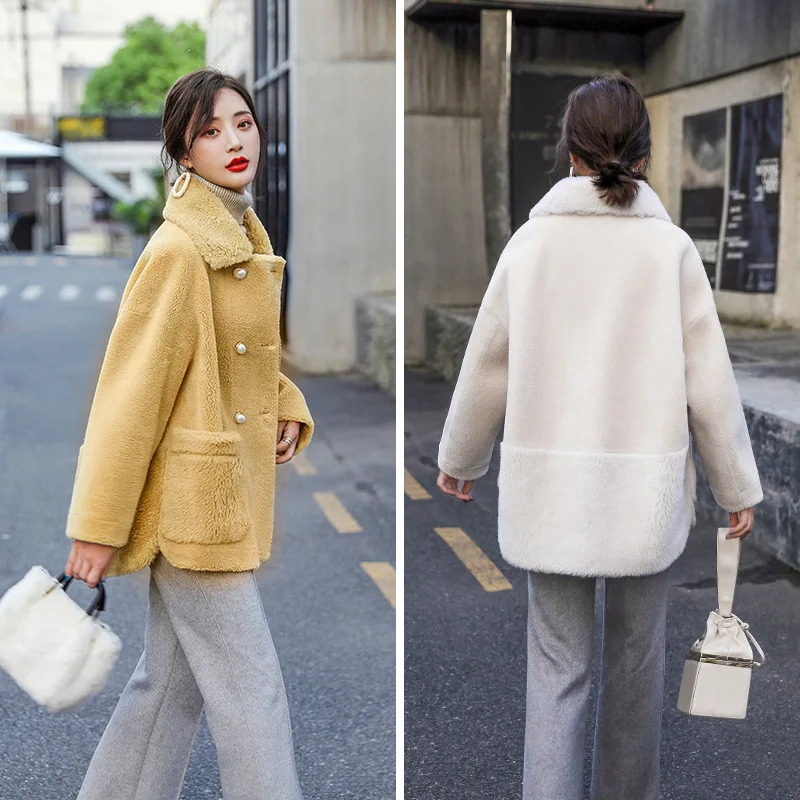 Granule Plush Woolen Jacket Women's Winter Korean-style Loose-Fit Double Breasted Fur Short-height Overcoat