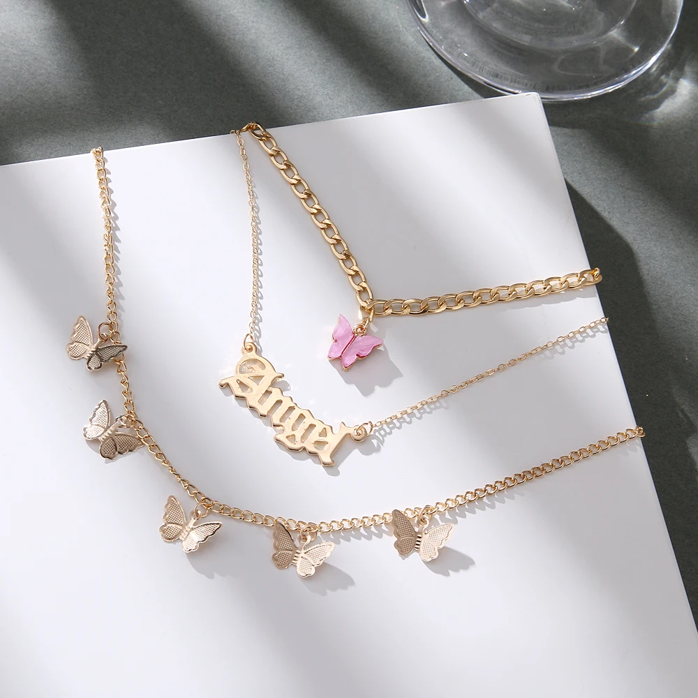 2021 Vintage Multilayer Acrylic Butterfly Choker Necklace Fashion Women Letter Golden Chain Layered Necklace Jewelry Party Gift