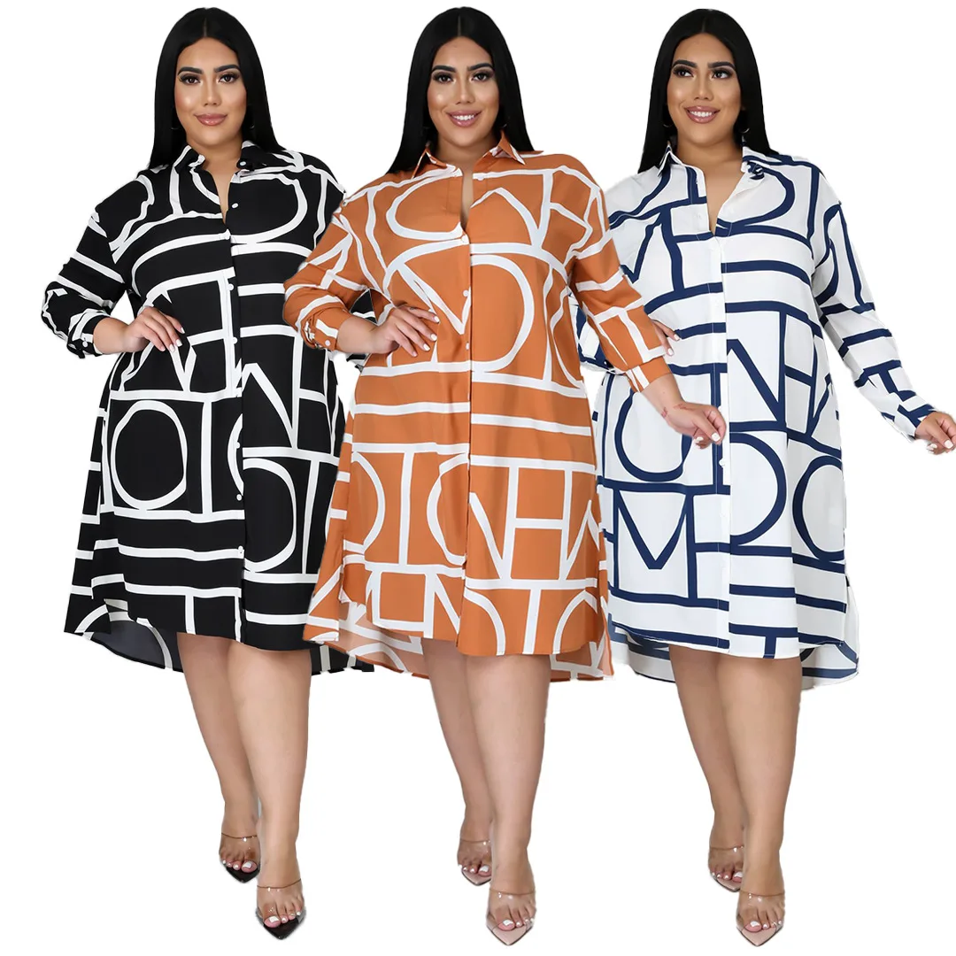 L-4XL Design Printed Plus Size Women Shirt Dress Casual Long Sleeve Turn Down Collar Loose White Black Dress Knee Length Vestido