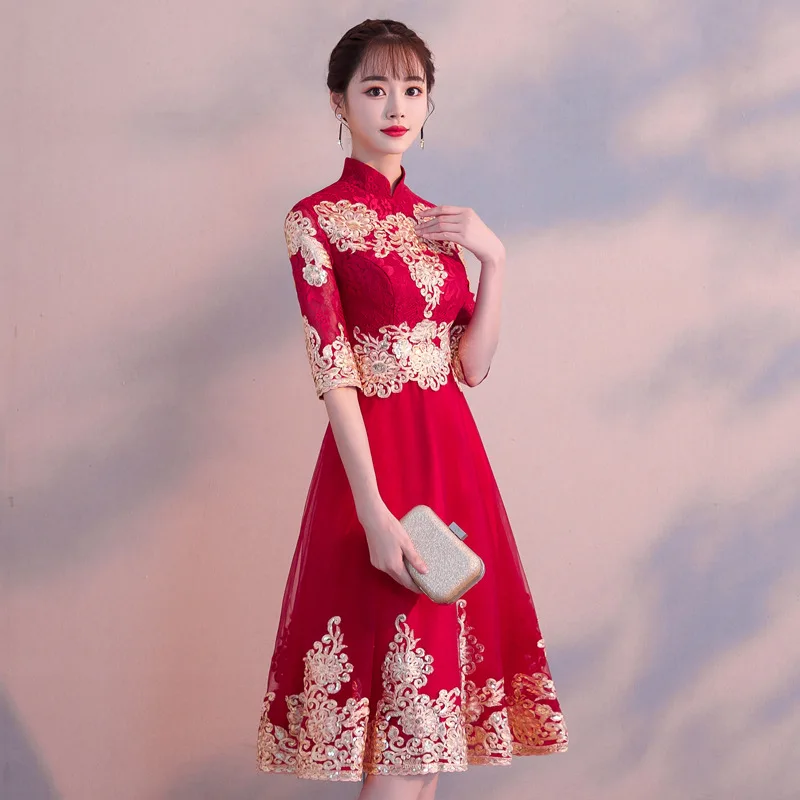 Stylish Sexy Lace Mesh Flower Wedding Dress Evening Dress Chinese Wedding Toast Dress Improved Qipao Vestidos Size S-XXL
