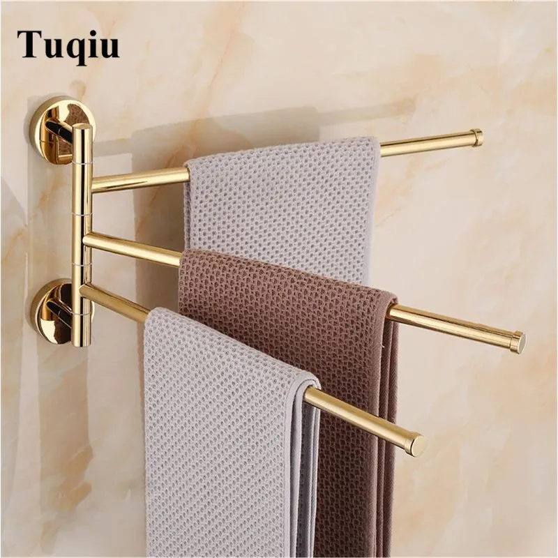 Tuqiu Swivel Towel Hanger Brushed Gold Total Brass Towel Bar Wall Mounted  Black Bathroom Towel Rail Rack Bathroom Towel Holder