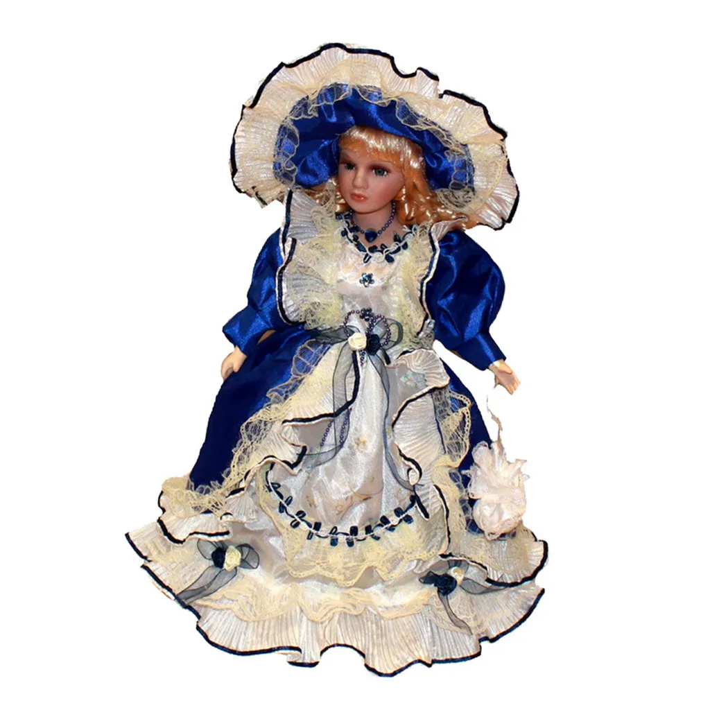 40cm Victorian Porcelain Doll Splicing Doll Wearing Blue Party Dress Collectible