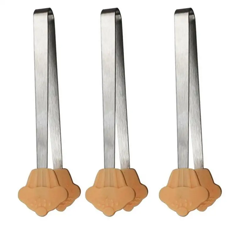 

3 Pcs Mini Stainless Steel Food Clip Bread Clamp Anti-skid Silicone Pad Serving Tong for Kitchen BBQ Buffet Party (Orange)