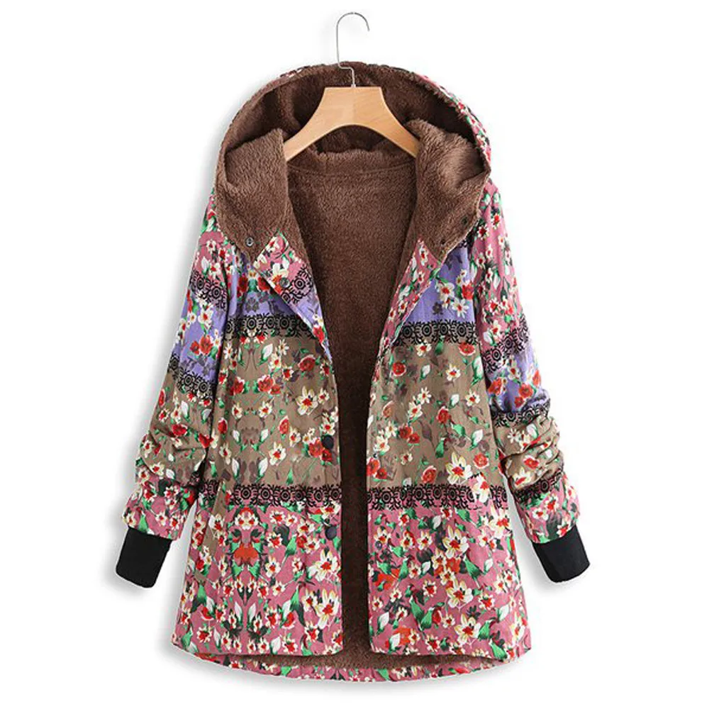 

Women Winter Ethnic Style Fashion Warm Coat Printed Pocket Hooded Plus Size Overcoat Female Button Jackets Woman Coats Abrigos